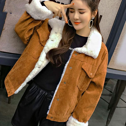 Corduroy lambskin padded jacket long GO buy