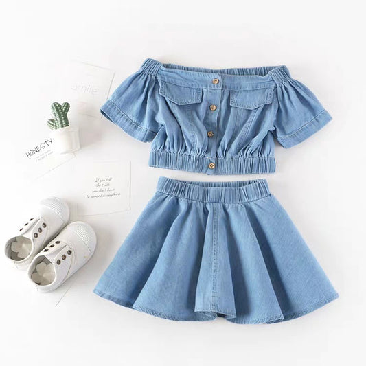 Girls Korean Version Denim Two-piece High-waisted Short-sleeved Top GO buy