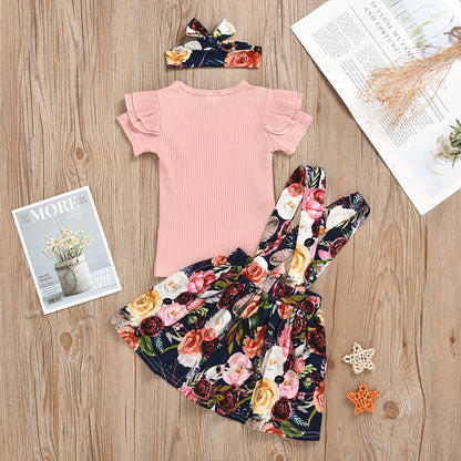 Children's Clothing Children's Summer Solid Color Pit strip Short-sleeved Top Suspender Skirt GO buy