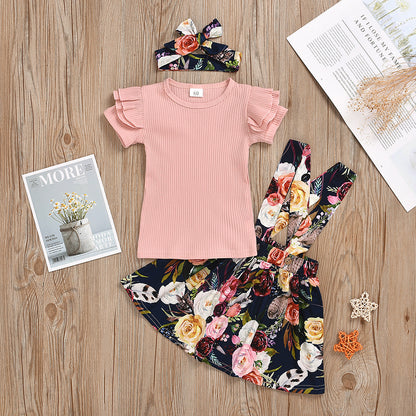 Children's Clothing Children's Summer Solid Color Pit strip Short-sleeved Top Suspender Skirt GO buy