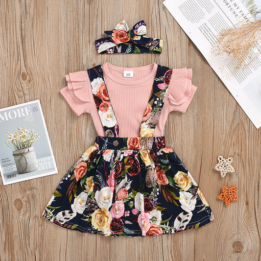 Children's Clothing Children's Summer Solid Color Pit strip Short-sleeved Top Suspender Skirt GO buy