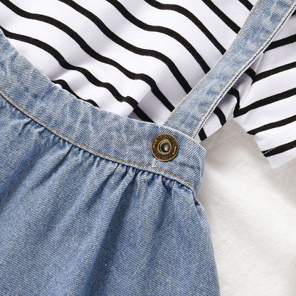 Girls' Striped Short-sleeved Blouse And Suspender Skirt Suit GO buy