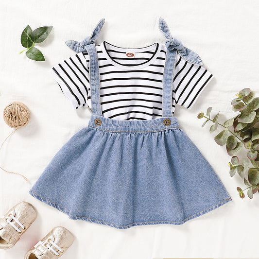 Girls' Striped Short-sleeved Blouse And Suspender Skirt Suit GO buy