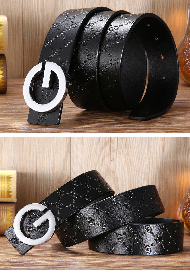 Men'S Belt Leather Middle-Aged And Young Korean Letter G Youth Belt Smooth Buckle Top Layer Pure Cowhide Belt Men GO Buy