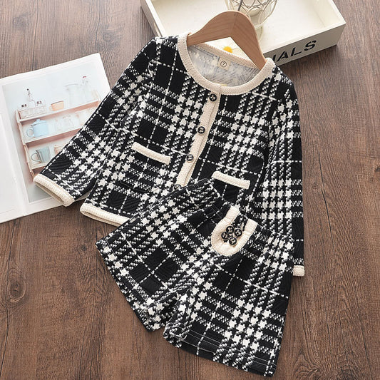 Spring and Autumn Korean Girls Plaid Suit Pants Little Girl Net Red Ocean Long Sleeve Top Shorts Two-piece Set GO buy