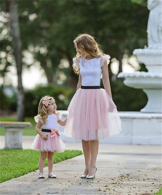 Spring Cotton Short-Sleeved Fashion Sweet Parent-Child Suit Net Gauze Canopy Skirt Two-Piece Mother And Daughter Suit Skirt GO buy