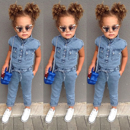 Short-Sleeved Girls Denim Jumpsuit For Kids In Summer Fashion Romper GO buy