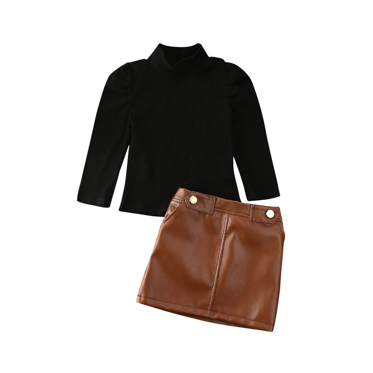 Two-piece girl's long-sleeved blouse with button pocket leather skirt GO buy