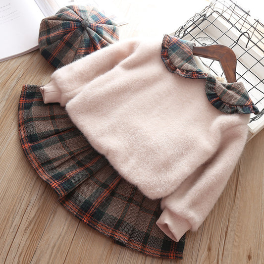 Girls' Stitching Pullover Sweater And Plaid Pleated Skirt Two-piece Suit GO buy