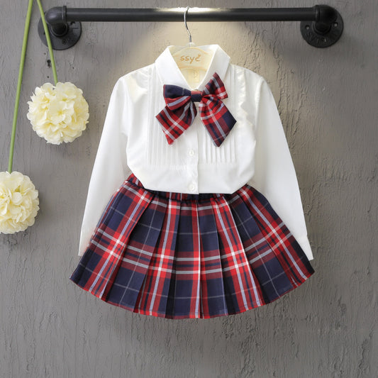 Solid Color Shirt Plus Plaid Skirt GO buy