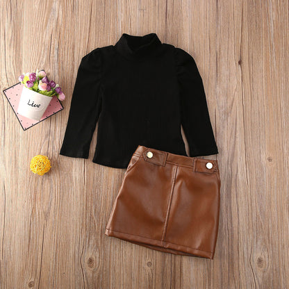 Two-piece girl's long-sleeved blouse with button pocket leather skirt GO buy