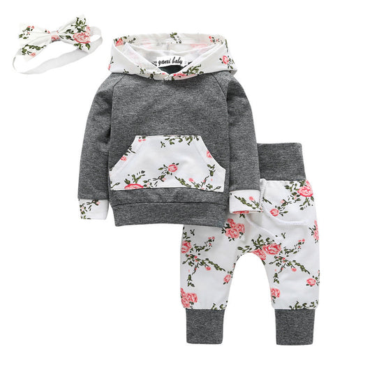 Lucia Floral Hoodie Set  Long Sleeve Fashion Hooded Floral European And American Baby Boys Three-Piece Set GO buy