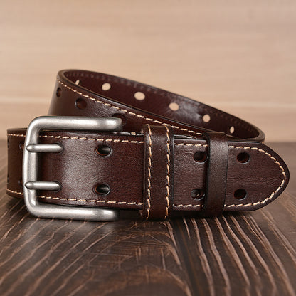 Double Pin Buckle First Layer Cowhide Belt Fashion Belt Men's Cowhide Belt Men's Casual Jeans Strap GO Buy