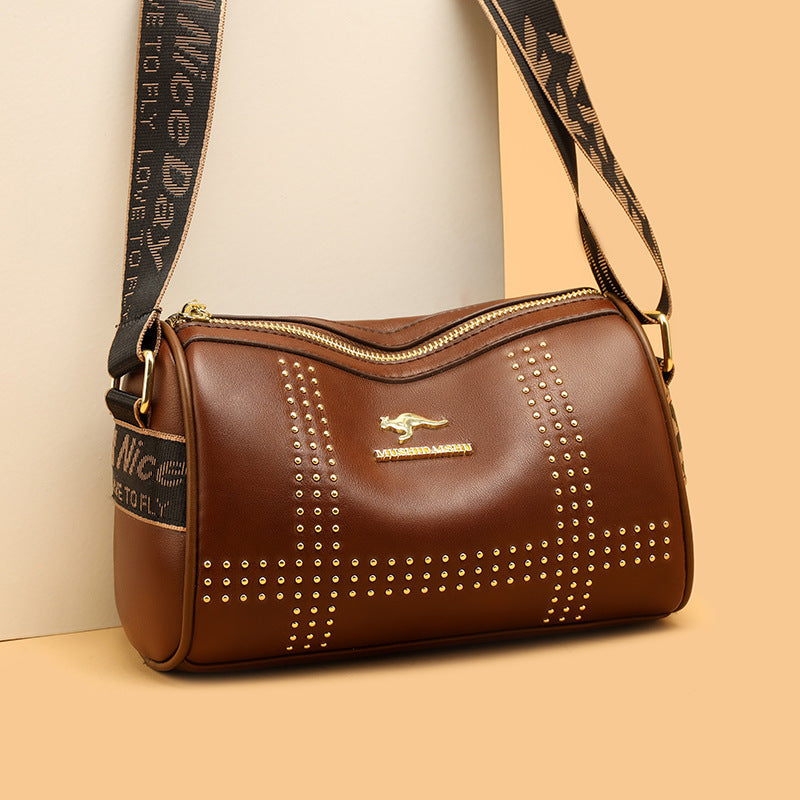 Color Contrast Patchwork Rivet Crossbody Soft Leather Shoulder Bag GO Buy