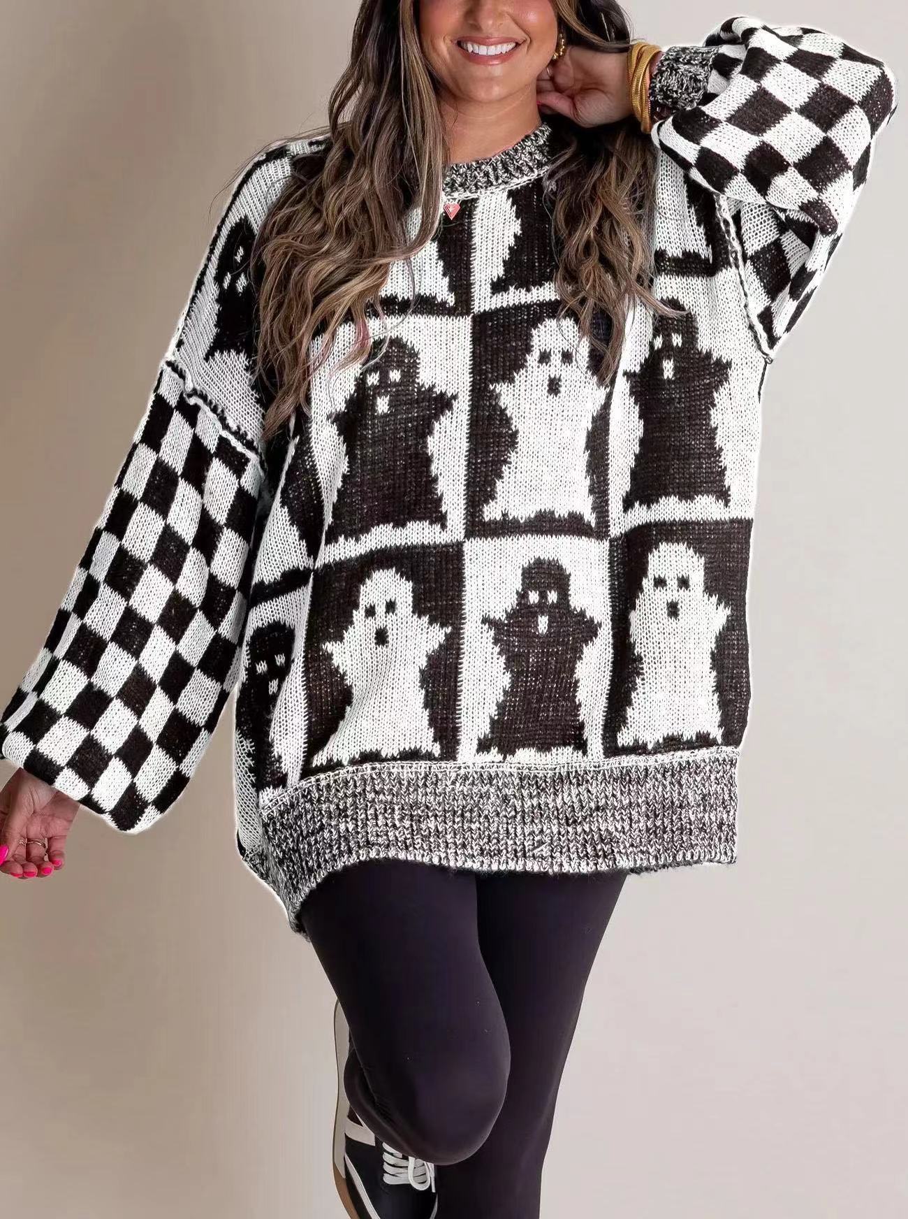Halloween Cartoon Pumpkin Ghost Sweater Winter Loose Pullover Knitted Top Fashion Women's Clothing GO buy