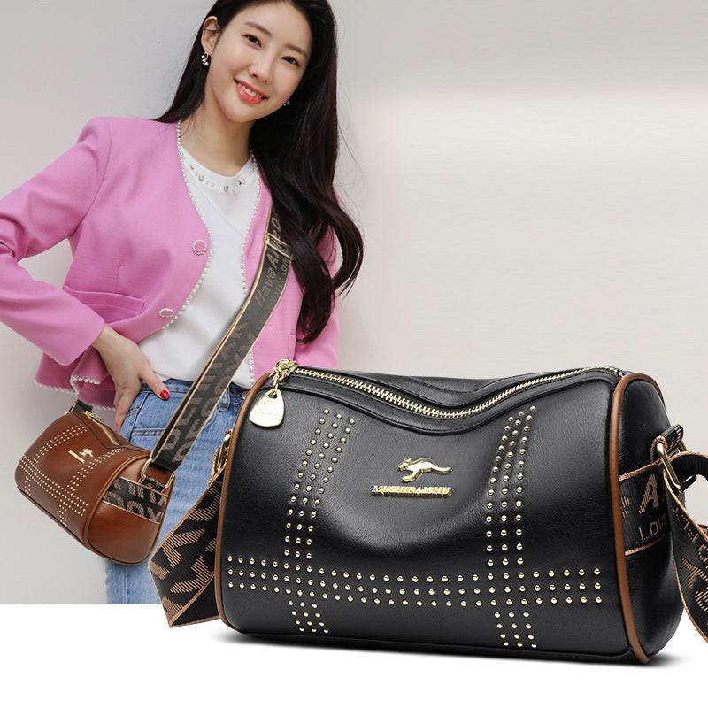 Color Contrast Patchwork Rivet Crossbody Soft Leather Shoulder Bag GO Buy