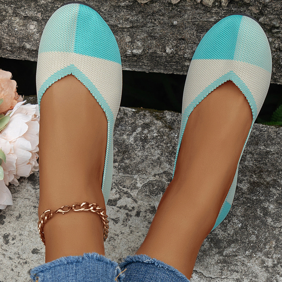 Fashion Colorblock Flats Shoes Flying Woven Breathable Cozy Loafers For Women GO buy