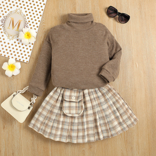 Sweater Knitted Bottoming Shirt  Plaid Skirt Two Piece Set GO buy