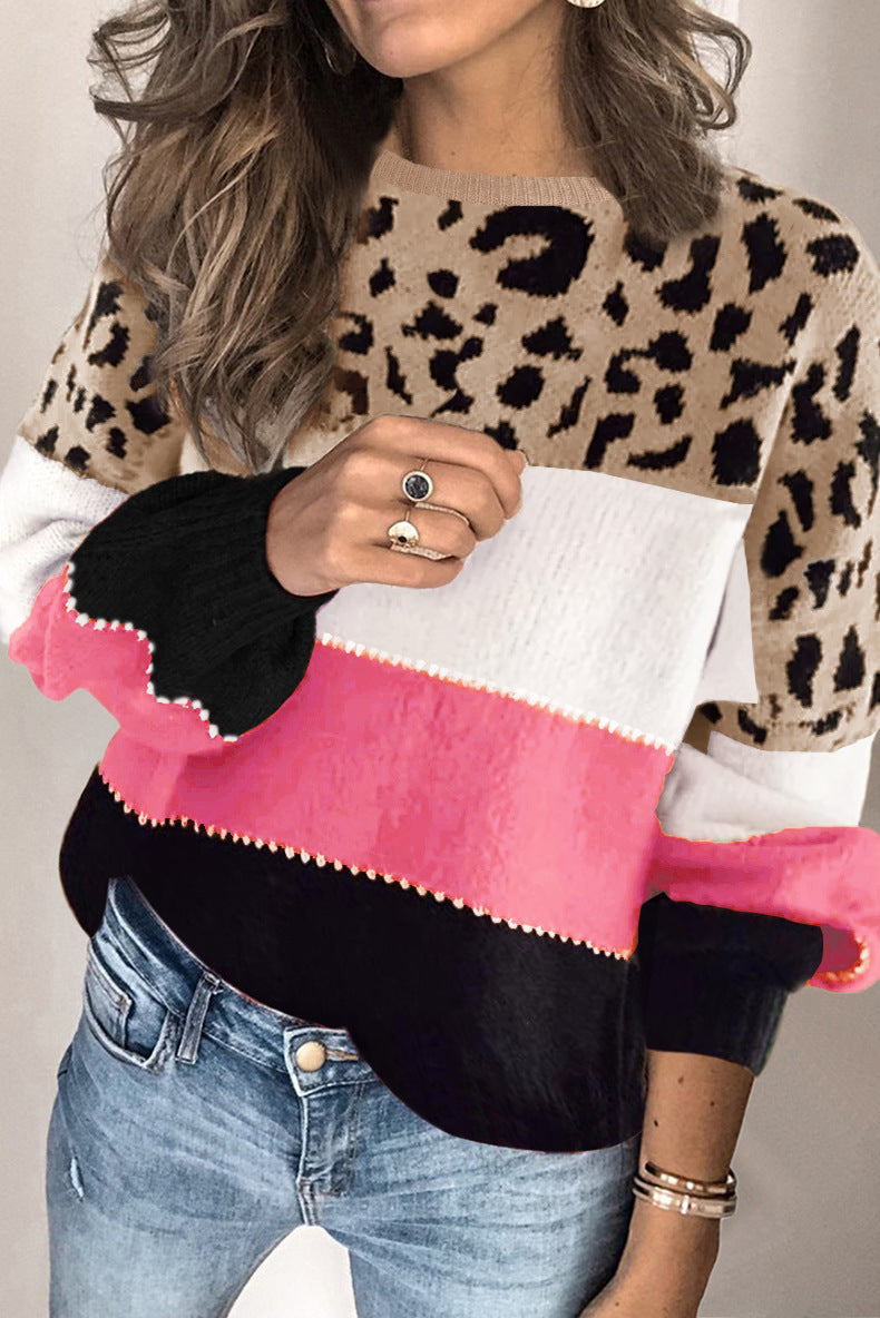 European And American Stitching Leopard Print Plus Size Crew Neck Pullover Sweater GO buy