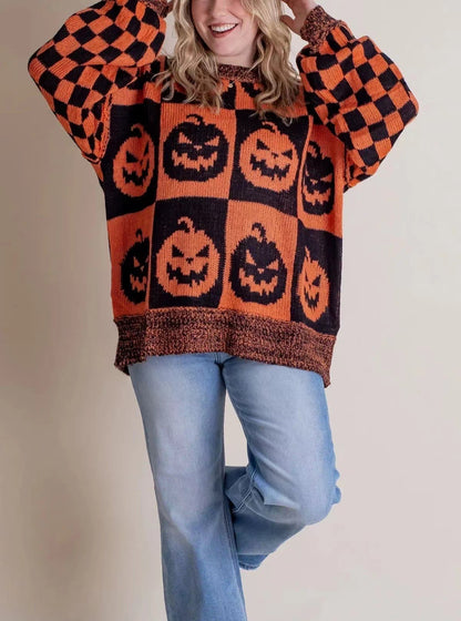 Halloween Cartoon Pumpkin Ghost Sweater Winter Loose Pullover Knitted Top Fashion Women's Clothing GO buy
