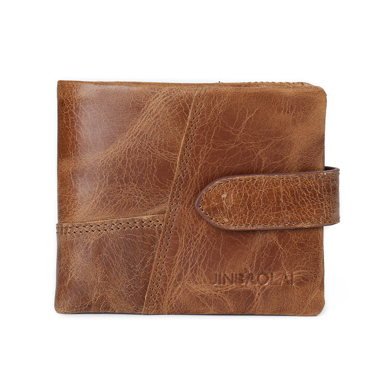 First Layer Cowhide Men's Wallet Vintage Zipper Buckle Leather Short Wallet GO Buy