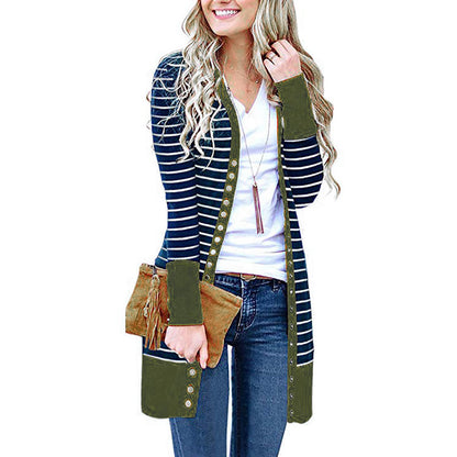 Autumn And Winter Plus Size Women's Fashionable Mid-length Button Striped Cardigan Gobuy Fashion