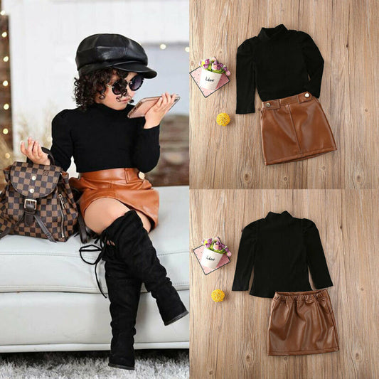 Two-piece girl's long-sleeved blouse with button pocket leather skirt GO buy