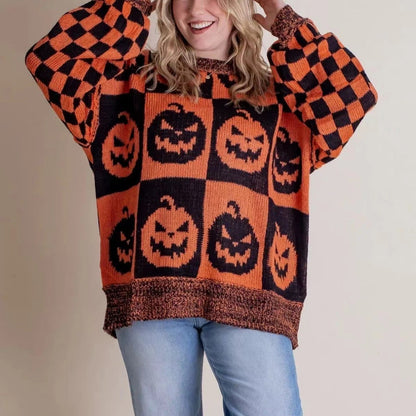 Halloween Cartoon Pumpkin Ghost Sweater Winter Loose Pullover Knitted Top Fashion Women's Clothing GO buy