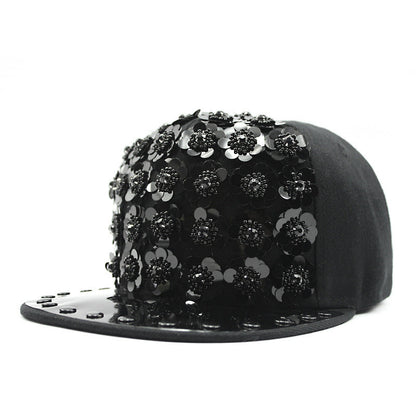 Men's Hip Hop Peaked Flower Sequins Flat-brimmed Baseball Cap Gobuy Fashion