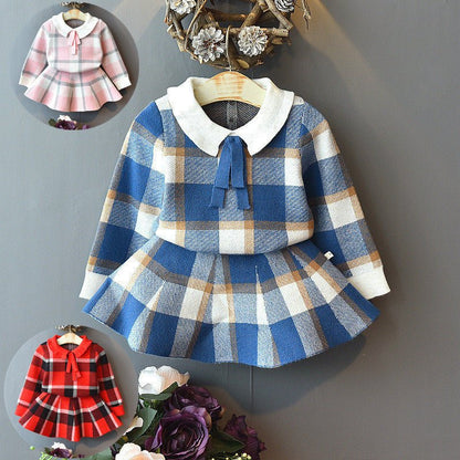 Autumn And Winter New Fashion Knitted Plaid Sweater Skirt Two - piece Set - Go Buy