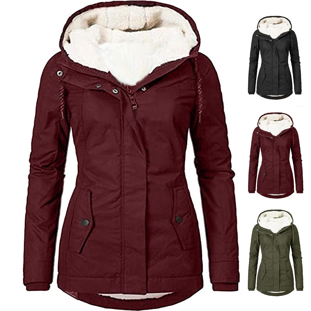 Solid Color Pocket Long-sleeve Zipper Fleece Padded Coat Women GO buy