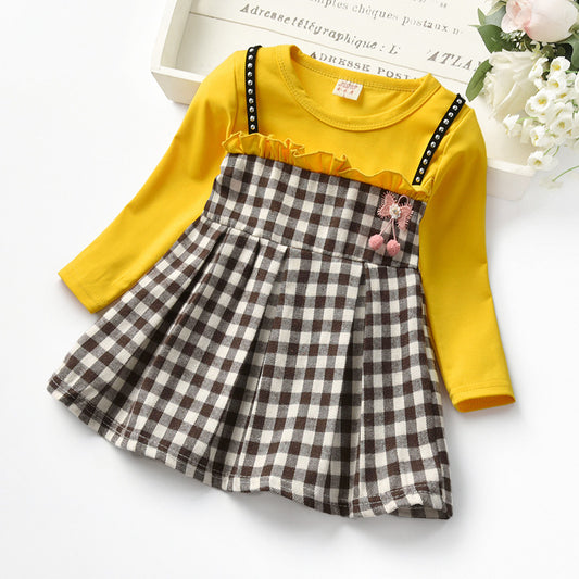 Factory Autumn Rivet Plaid Long Sleeve Children Girl Dress Girl Fake Two-piece Lace Princess Dress GO buy
