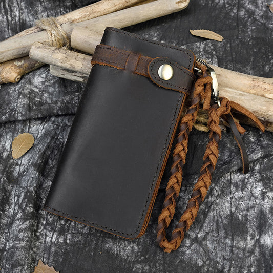 Retro Crazy Horse Leather Long Wallet Men's Buckle Leather Woven Belt Men's Outing Clutch GO Buy
