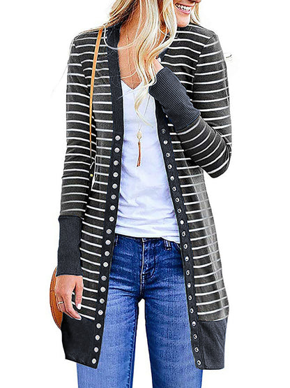Autumn And Winter Plus Size Women's Fashionable Mid-length Button Striped Cardigan Gobuy Fashion