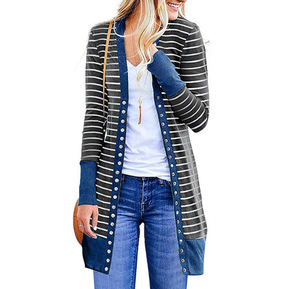 Autumn And Winter Plus Size Women's Fashionable Mid-length Button Striped Cardigan Gobuy Fashion