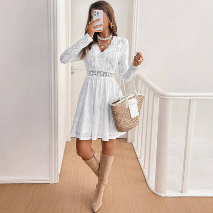 Elegant Women's Solid Color Lace Patchwork Mini Holiday Dress - Gobuy Fashion