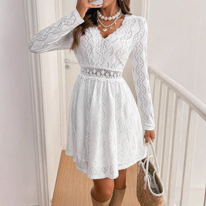 Elegant Women's Solid Color Lace Patchwork Mini Holiday Dress - Gobuy Fashion
