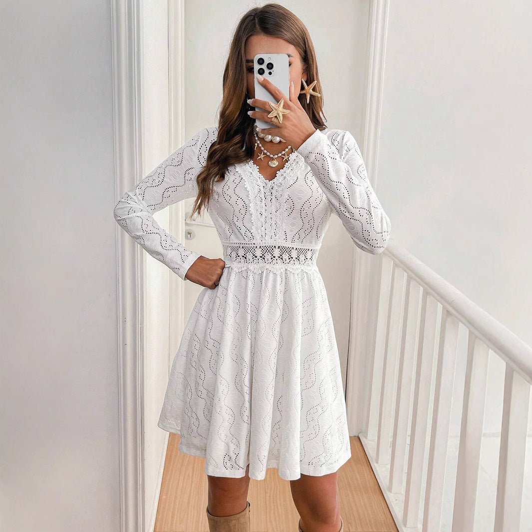 Elegant Women's Solid Color Lace Patchwork Mini Holiday Dress - Gobuy Fashion