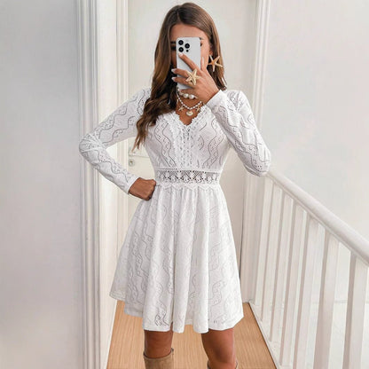 Elegant Women's Solid Color Lace Patchwork Mini Holiday Dress - Gobuy Fashion