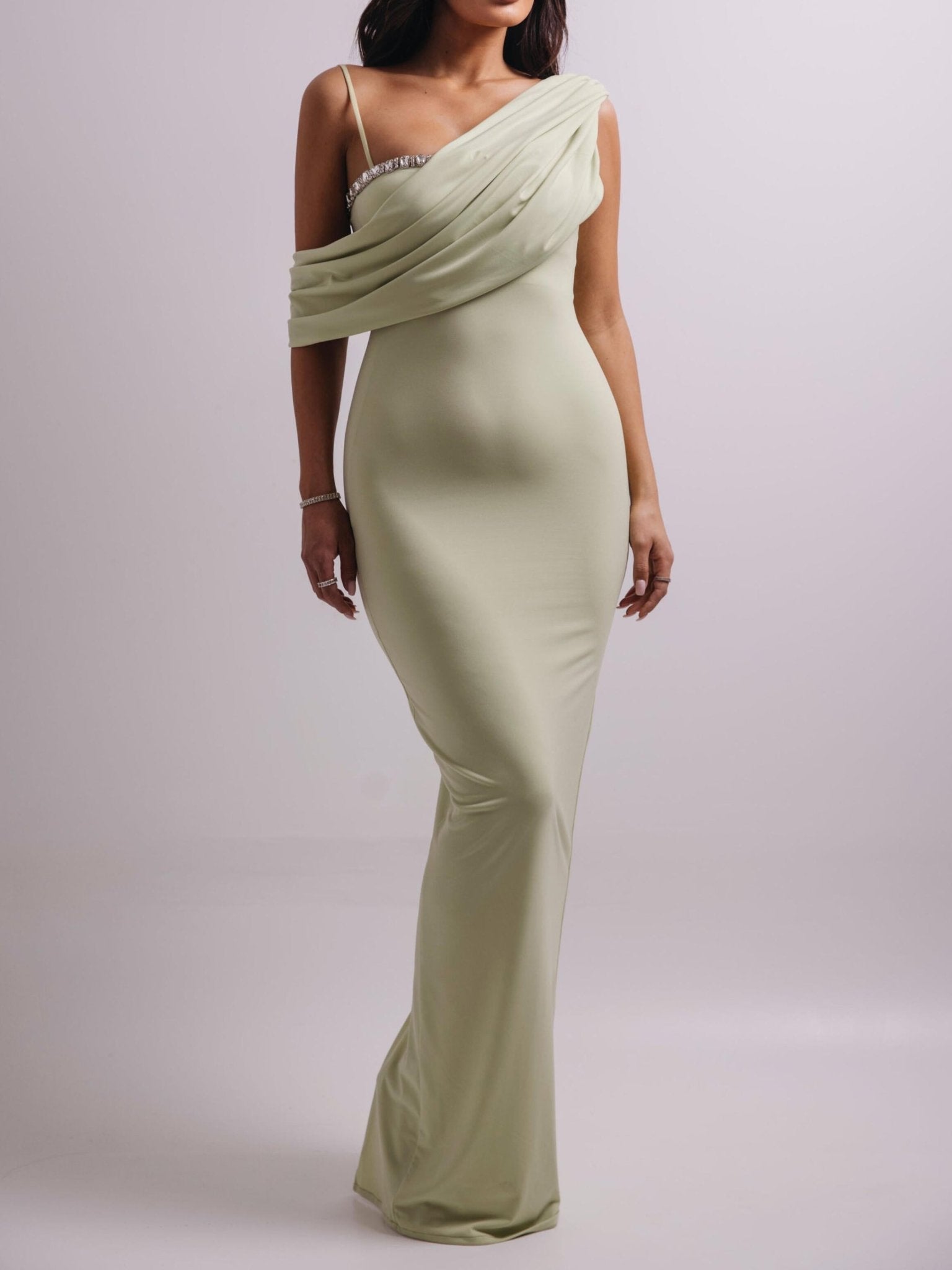 Light Green Off - The - Shoulder Rhinestone Bodycon Dress - Gobuy Fashion