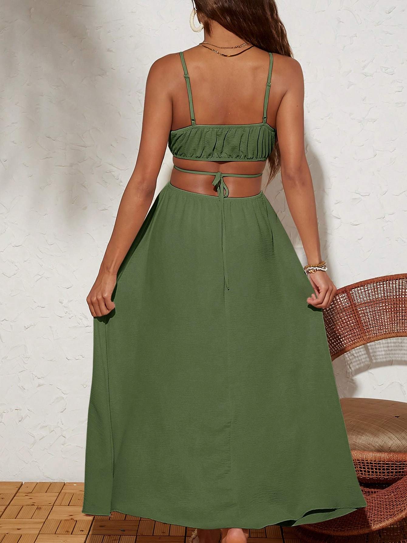 Solid Color Woven Backless Tie - Waist Dress For Vacation - Gobuy Fashion