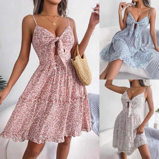 Spring And Summer Floral Bow V - neck Ruffled Large Swing Dress - Gobuy Fashion