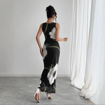 Women's Black Mesh Floral Print Sleeveless Dress Long Dress - Gobuy Fashion