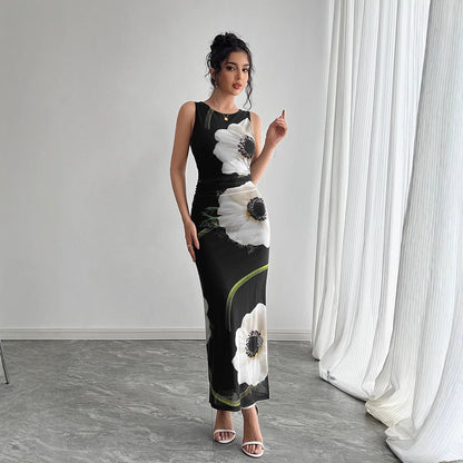 Women's Black Mesh Floral Print Sleeveless Dress Long Dress - Gobuy Fashion