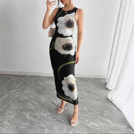 Women's Black Mesh Floral Print Sleeveless Dress Long Dress - Gobuy Fashion