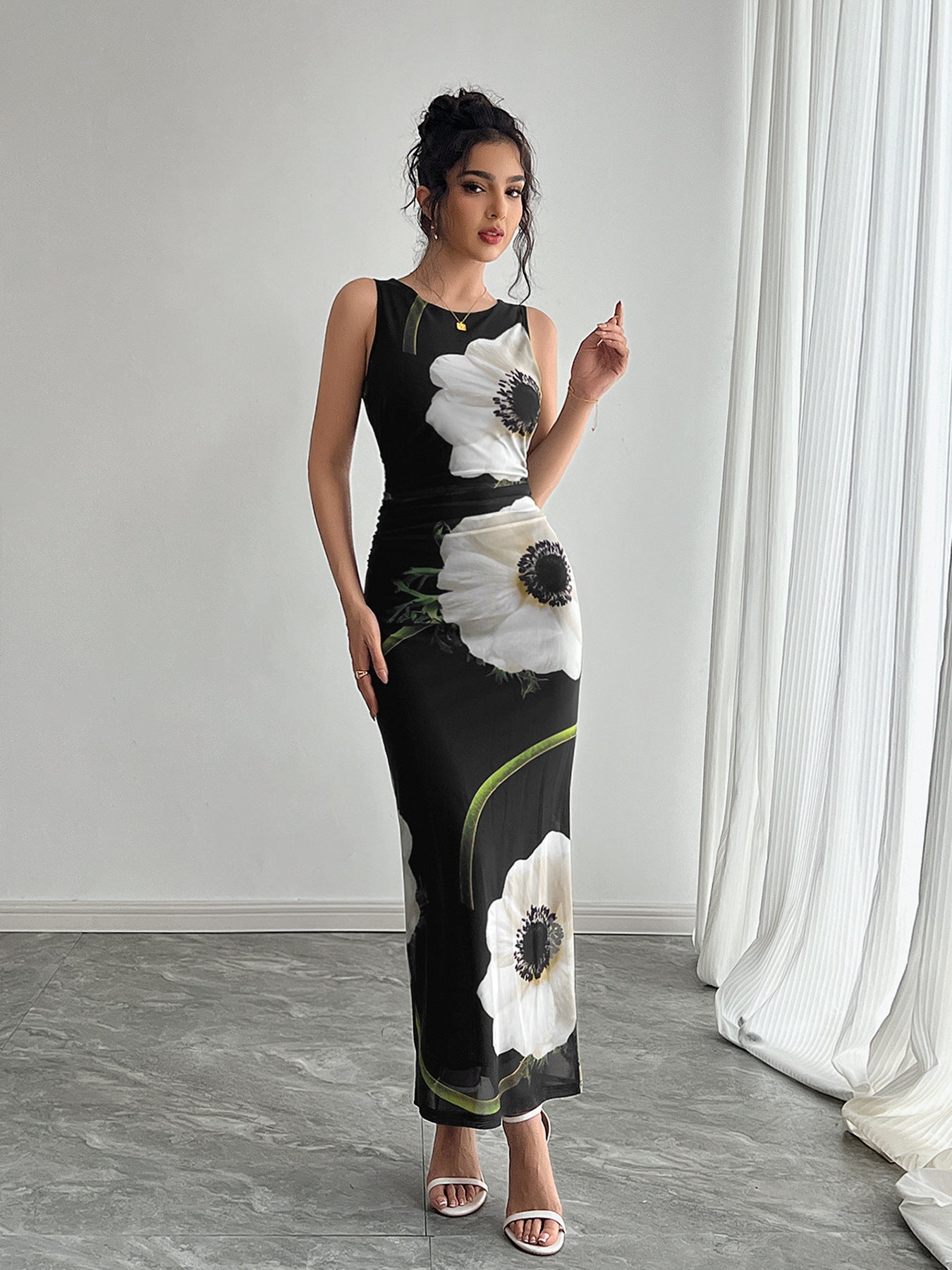 Women's Black Mesh Floral Print Sleeveless Dress Long Dress - Gobuy Fashion