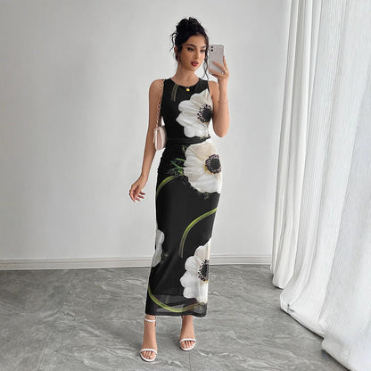 Women's Black Mesh Floral Print Sleeveless Dress Long Dress - Gobuy Fashion