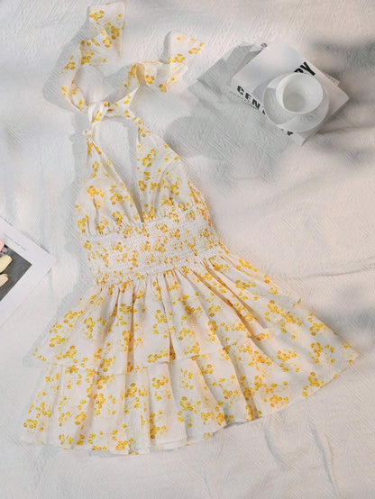 Women's Holiday Floral Flounce Halterneck With Suspenders Backless Dress - Gobuy Fashion
